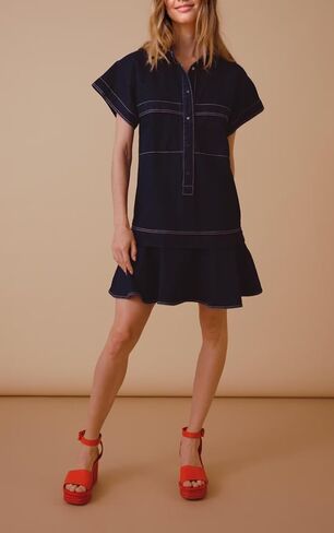 Women's Cotton Drop Waist Shirt Dress Short Sleeve Button Down Mini Dress Ruffle Tunic Dress with Pockets in Kuwait