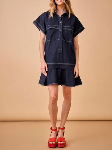 Women's Cotton Drop Waist Shirt Dress Short Sleeve Button Down Mini Dress Ruffle Tunic Dress with Pockets in Kuwait