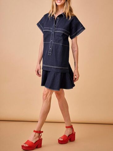 Women's Cotton Drop Waist Shirt Dress Short Sleeve Button Down Mini Dress Ruffle Tunic Dress with Pockets in Kuwait