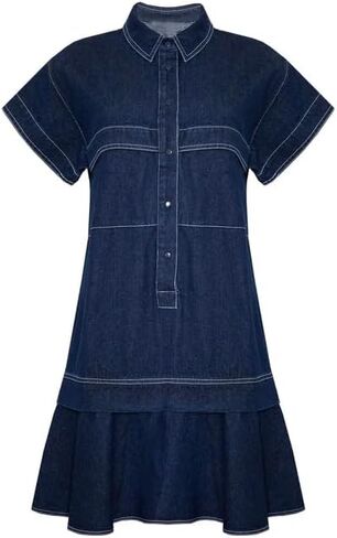 Women's Cotton Drop Waist Shirt Dress Short Sleeve Button Down Mini Dress Ruffle Tunic Dress with Pockets in Kuwait