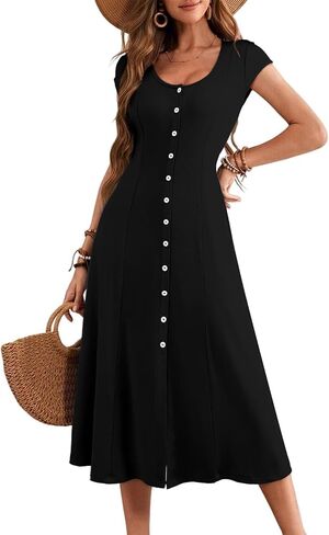 AlvaQ Womens Summer Dress 2025 Casual Short Sleeve Button Down Long Dress Split Flowy A Line Knit Midi Dresses in Saudi Arabia