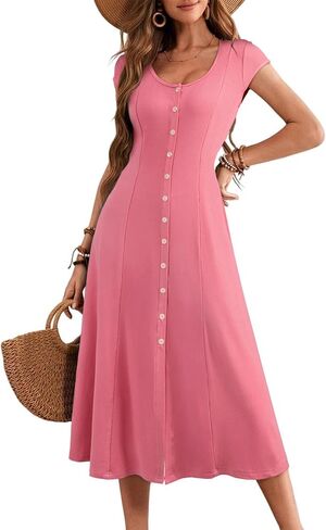 AlvaQ Womens Summer Dress 2025 Casual Short Sleeve Button Down Long Dress Split Flowy A Line Knit Midi Dresses in Saudi Arabia