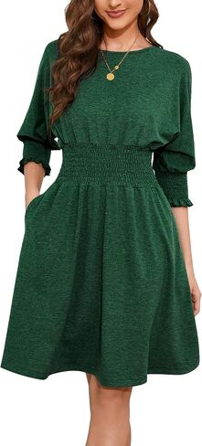 Women's Dresses Casual 3/4 Sleeve Smocked Dress Crew Neck Elastic Waist A-Line Fall Knee Length Dresses with Pocket in Saudi Arabia