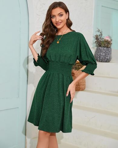 Women's Dresses Casual 3/4 Sleeve Smocked Dress Crew Neck Elastic Waist A-Line Fall Knee Length Dresses with Pocket in Saudi Arabia