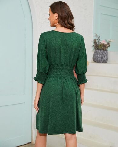 Women's Dresses Casual 3/4 Sleeve Smocked Dress Crew Neck Elastic Waist A-Line Fall Knee Length Dresses with Pocket in Saudi Arabia