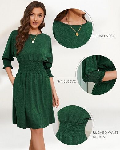 Women's Dresses Casual 3/4 Sleeve Smocked Dress Crew Neck Elastic Waist A-Line Fall Knee Length Dresses with Pocket in Saudi Arabia