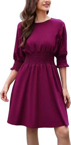 Women's Dresses Casual 3/4 Sleeve Smocked Dress Crew Neck Elastic Waist A-Line Fall Knee Length Dresses with Pocket in Saudi Arabia