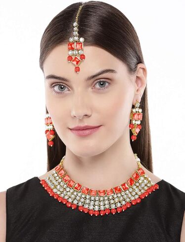Aheli فو كوندان حجر الهندي التقليدي قلادة أقراط Maang تيكا مجموعة الزفاف موضة ملابس الحفلات مجوهرات هدية للنساء in Kuwait