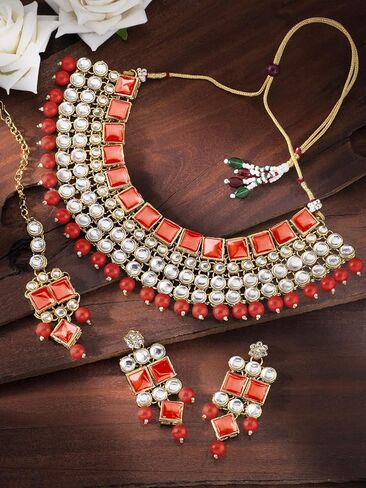 Aheli فو كوندان حجر الهندي التقليدي قلادة أقراط Maang تيكا مجموعة الزفاف موضة ملابس الحفلات مجوهرات هدية للنساء in Kuwait