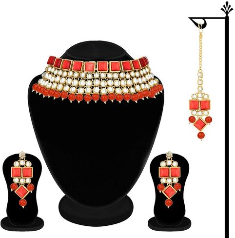 Aheli فو كوندان حجر الهندي التقليدي قلادة أقراط Maang تيكا مجموعة الزفاف موضة ملابس الحفلات مجوهرات هدية للنساء in Kuwait