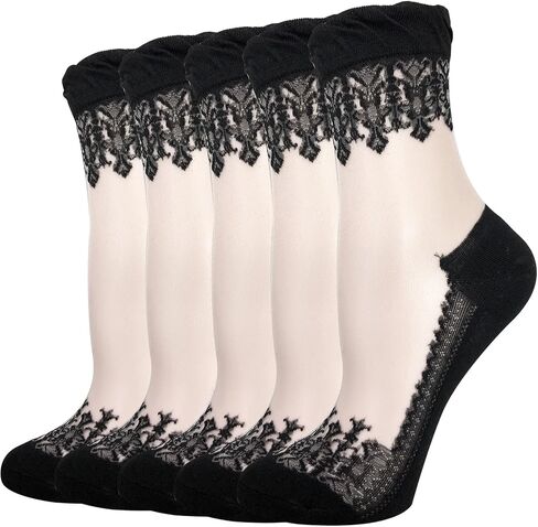 Cityelf 5 Pack Women Sheer Socks Summer Ruffle Thin Cool Socks See Through Silky Lace Ankle Cute Socks Stocking in Kuwait