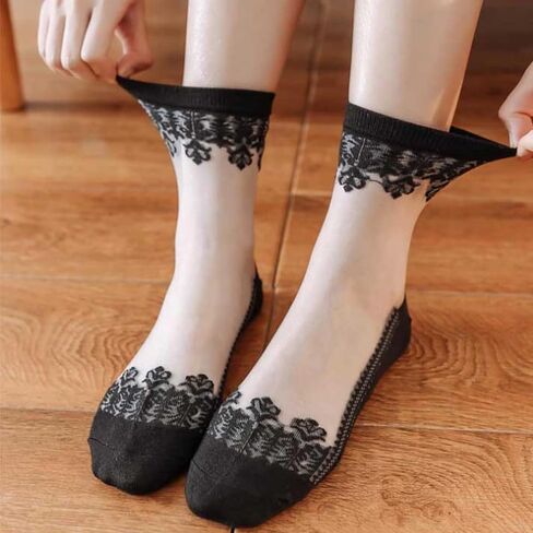 Cityelf 5 Pack Women Sheer Socks Summer Ruffle Thin Cool Socks See Through Silky Lace Ankle Cute Socks Stocking in Kuwait