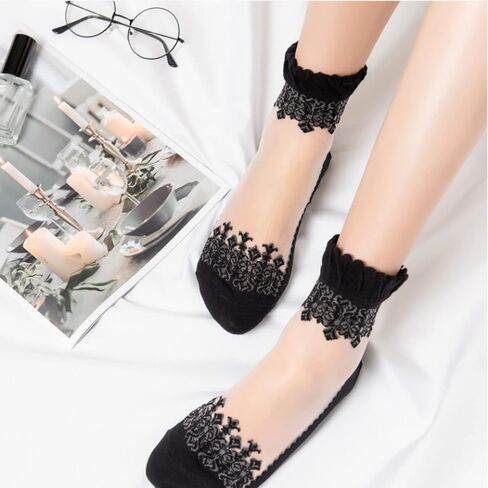 Cityelf 5 Pack Women Sheer Socks Summer Ruffle Thin Cool Socks See Through Silky Lace Ankle Cute Socks Stocking in Kuwait