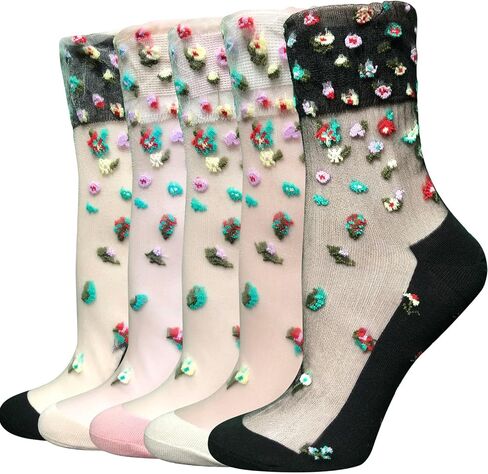 Cityelf 5 Pack Women Sheer Socks Summer Ruffle Thin Cool Socks See Through Silky Lace Ankle Cute Socks Stocking in Kuwait