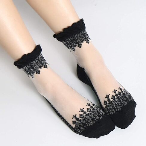 Cityelf 5 Pack Women Sheer Socks Summer Ruffle Thin Cool Socks See Through Silky Lace Ankle Cute Socks Stocking in Kuwait
