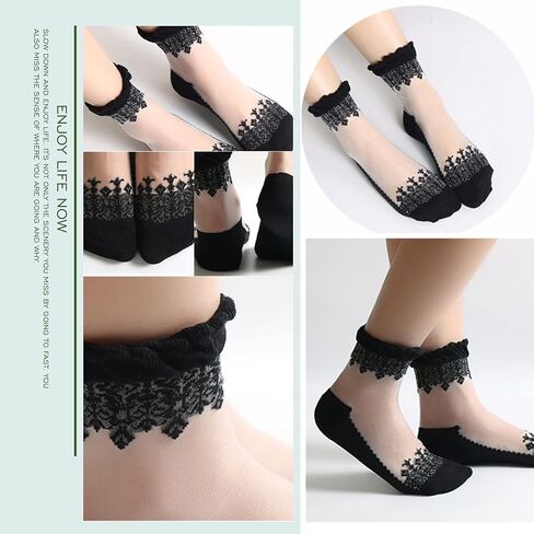 Cityelf 5 Pack Women Sheer Socks Summer Ruffle Thin Cool Socks See Through Silky Lace Ankle Cute Socks Stocking in Kuwait