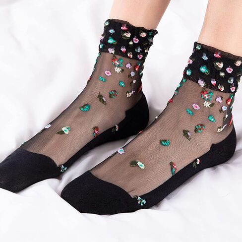 Cityelf 5 Pack Women Sheer Socks Summer Ruffle Thin Cool Socks See Through Silky Lace Ankle Cute Socks Stocking in Kuwait