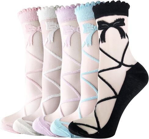 Cityelf 5 Pack Women Sheer Socks Summer Ruffle Thin Cool Socks See Through Silky Lace Ankle Cute Socks Stocking in Kuwait