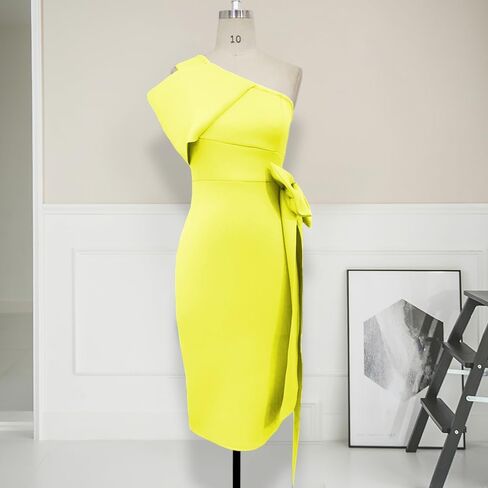 AOMEI Women's Elegant Bodycon Dress 2023 Summer One Shoulder Ruched Wrap Cocktail Party Dresses with Sweet Bow in Kuwait