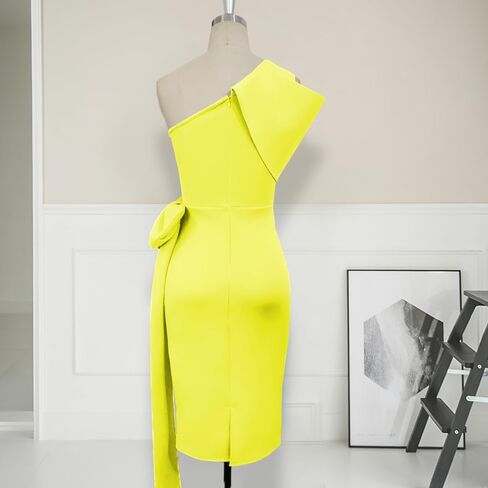 AOMEI Women's Elegant Bodycon Dress 2023 Summer One Shoulder Ruched Wrap Cocktail Party Dresses with Sweet Bow in Kuwait