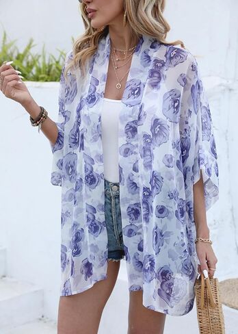 WEIYAN Women's Tops Loose Chiffon Kimono Cardigan Beach Swim Cover up Blouse in Kuwait
