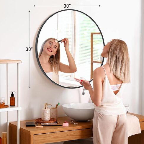 Black 30 Inch Round Bathroom Mirror, Black Circle Mirror Metal Frame, Bathroom Mirrors for Over Sink, Round Wall Mounted Mirrors for Living Room, Bathroom, Wall, Entryway, Rustic in Saudi Arabia