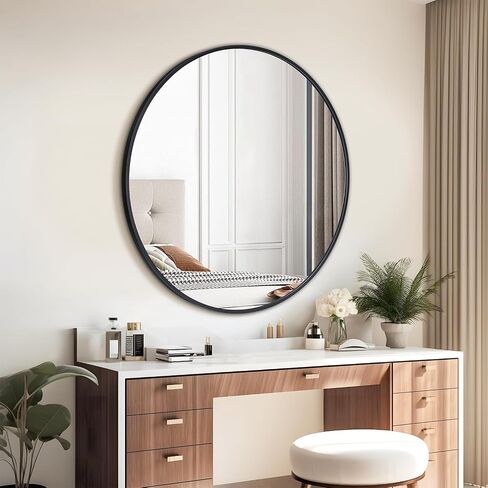 Black 30 Inch Round Bathroom Mirror, Black Circle Mirror Metal Frame, Bathroom Mirrors for Over Sink, Round Wall Mounted Mirrors for Living Room, Bathroom, Wall, Entryway, Rustic in Saudi Arabia