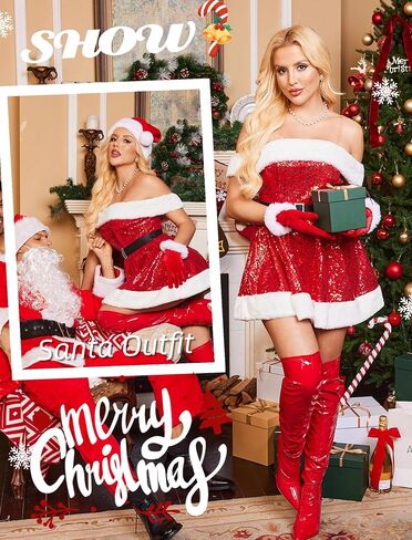 Avidlove Christmas Lingerie Off Shoulder Santa Lingerie for Women Sequin Babydoll Chemise S-XXL in Kuwait