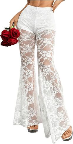 Milumia Women's Floral Lace High Waist See Through Flare Leg Pants in Saudi Arabia