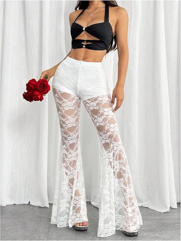 Milumia Women's Floral Lace High Waist See Through Flare Leg Pants in Saudi Arabia