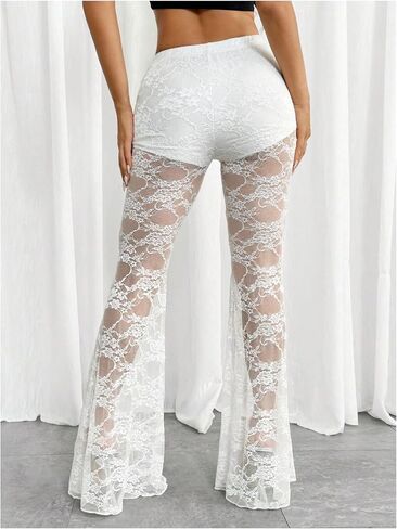 Milumia Women's Floral Lace High Waist See Through Flare Leg Pants in Saudi Arabia