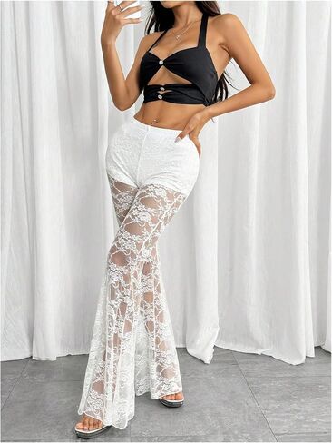 Milumia Women's Floral Lace High Waist See Through Flare Leg Pants in Saudi Arabia