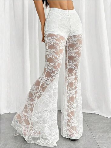 Milumia Women's Floral Lace High Waist See Through Flare Leg Pants in Saudi Arabia