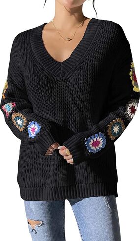 Womens Classic Boho Floral Crochet Long Sleeve Sweaters Casual Pullover Knitwear for Fall Winter Basic Tops 2024 in Saudi Arabia