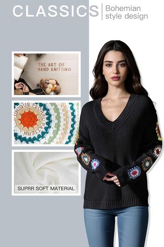 Womens Classic Boho Floral Crochet Long Sleeve Sweaters Casual Pullover Knitwear for Fall Winter Basic Tops 2024 in Saudi Arabia