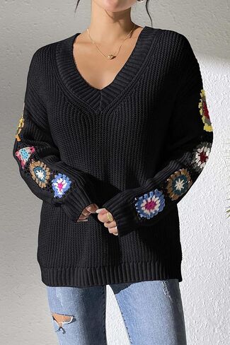 Womens Classic Boho Floral Crochet Long Sleeve Sweaters Casual Pullover Knitwear for Fall Winter Basic Tops 2024 in Saudi Arabia