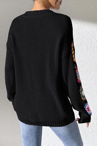 Womens Classic Boho Floral Crochet Long Sleeve Sweaters Casual Pullover Knitwear for Fall Winter Basic Tops 2024 in Saudi Arabia