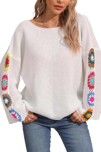 Womens Classic Boho Floral Crochet Long Sleeve Sweaters Casual Pullover Knitwear for Fall Winter Basic Tops 2024 in Saudi Arabia