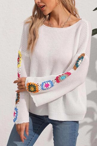 Womens Classic Boho Floral Crochet Long Sleeve Sweaters Casual Pullover Knitwear for Fall Winter Basic Tops 2024 in Saudi Arabia