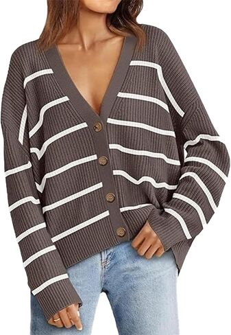 Women's Stripe Cardigan Sweaters 2024 Oversized Button Sweaters V Neck Lightweight Loose Cardigans Knit Outerwear in Saudi Arabia