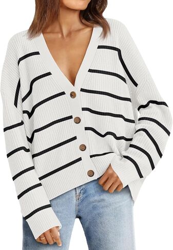 Women's Stripe Cardigan Sweaters 2024 Oversized Button Sweaters V Neck Lightweight Loose Cardigans Knit Outerwear in Saudi Arabia