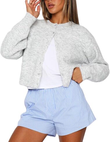 RUEWEY Women Y2k Crew Neck Button Down Long Sleeve Cropped Cardigan Knitted Sweater Light Jacket in Saudi Arabia