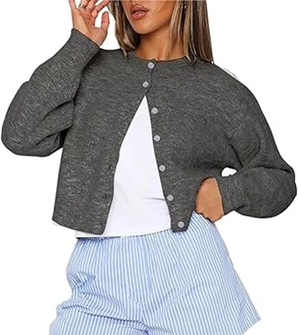 RUEWEY Women Y2k Crew Neck Button Down Long Sleeve Cropped Cardigan Knitted Sweater Light Jacket in Saudi Arabia