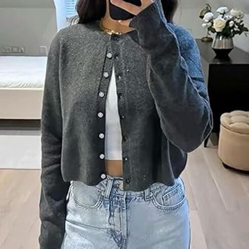 RUEWEY Women Y2k Crew Neck Button Down Long Sleeve Cropped Cardigan Knitted Sweater Light Jacket in Saudi Arabia