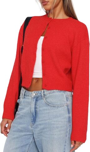 RUEWEY Women Y2k Crew Neck Button Down Long Sleeve Cropped Cardigan Knitted Sweater Light Jacket in Saudi Arabia