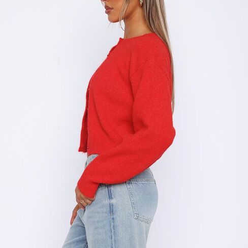 RUEWEY Women Y2k Crew Neck Button Down Long Sleeve Cropped Cardigan Knitted Sweater Light Jacket in Saudi Arabia