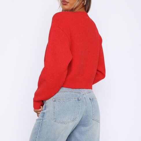 RUEWEY Women Y2k Crew Neck Button Down Long Sleeve Cropped Cardigan Knitted Sweater Light Jacket in Saudi Arabia
