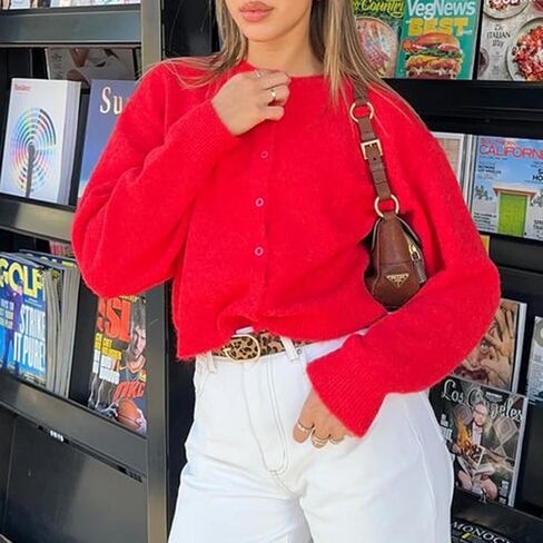 RUEWEY Women Y2k Crew Neck Button Down Long Sleeve Cropped Cardigan Knitted Sweater Light Jacket in Saudi Arabia