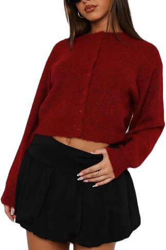 RUEWEY Women Y2k Crew Neck Button Down Long Sleeve Cropped Cardigan Knitted Sweater Light Jacket in Saudi Arabia