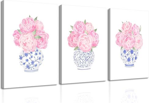 3pcs Pink Peonies Floral Canvas Wall Art Chinoiserie Blue And White Vase Wall Decor Pictures Preppy Aesthetic Posters Prints for Dorm Apartment Woman Bedroom Decoration (Canvas, 12x16in) in Kuwait